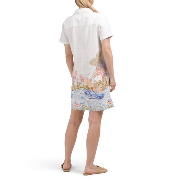 CYNTHIA ROWLEY Bright White Linen Blend Short Sleeve Mini Shirt Dress - Picture 2 of 2